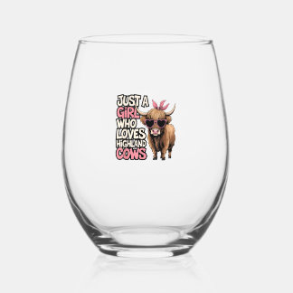 Cow Lover Just A Girl Who Loves Highland Cows Farm Stemless Wine Glass
