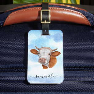 Cow Lover Watercolor monogram Name Luggage Tag