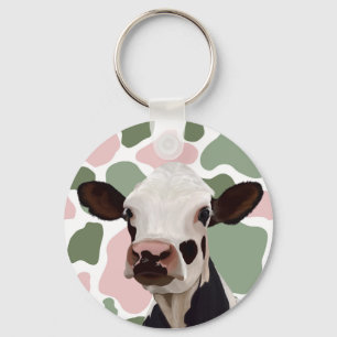 Cow Lovers Sage Green and Pink Cow Print Key Ring
