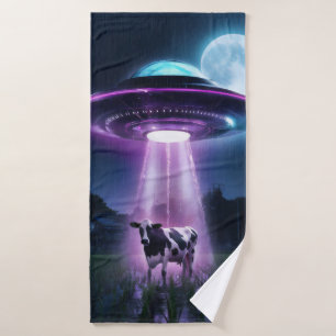 Cow meets aliens. bath towel