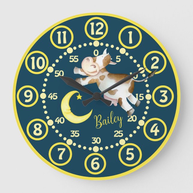 Cow moon jump kids whimsy watercolor art clock (Front)
