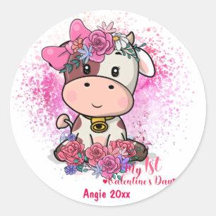 Cow, My First Valentines Day Classic Round Sticker