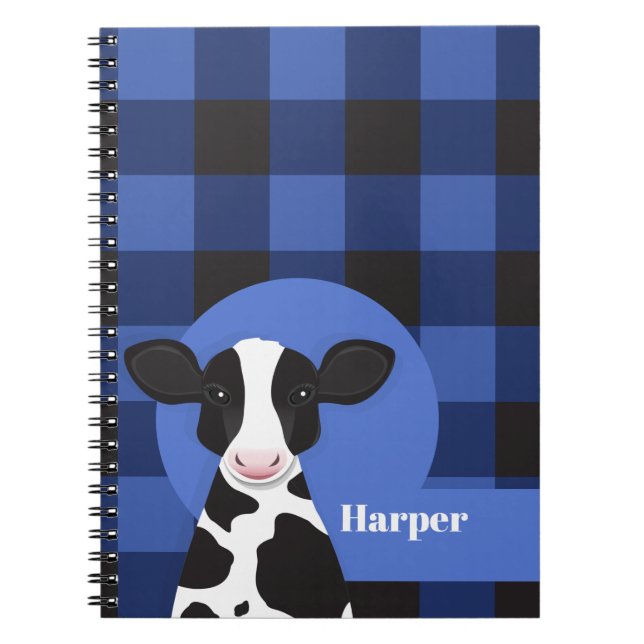 Cow Name Blue Plaid Animal Pattern Notebook (Front)