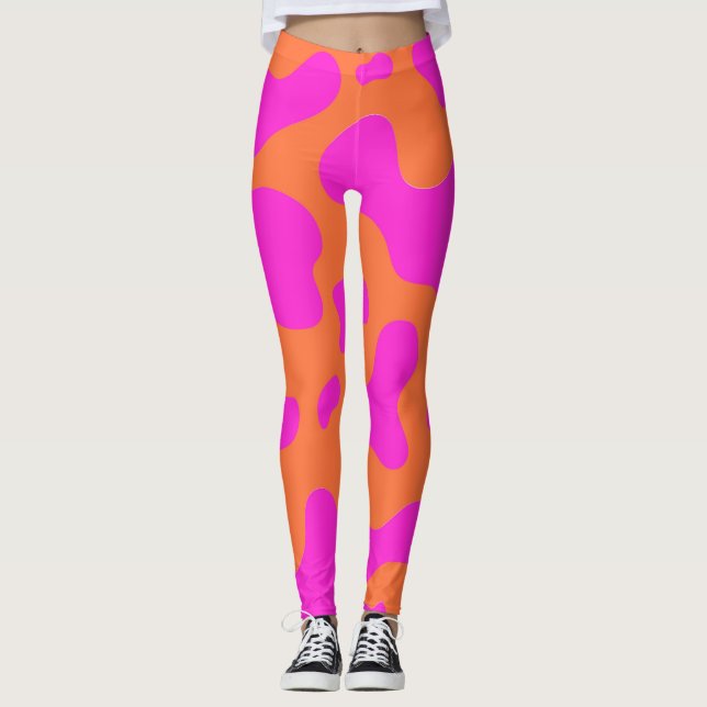 Cow Neon Pink Orange Wild Animal Pattern Leggings (Front)