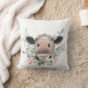 cow nose kiss flowers watercolor grey farm animal cushion