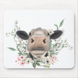 cow nose kiss flowers watercolor grey farm animal mouse mat
