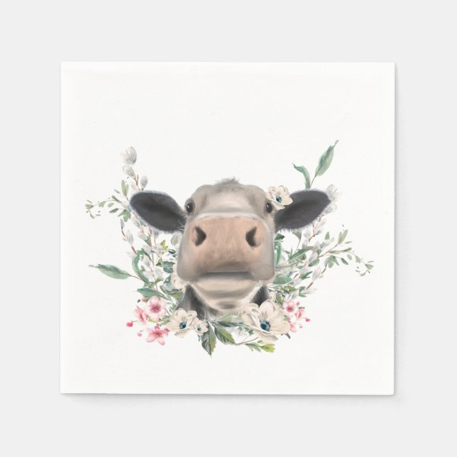 cow nose kiss flowers watercolor grey farm animal napkin (Front)