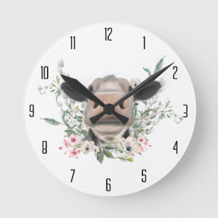 cow nose kiss flowers watercolor grey farm animal round clock