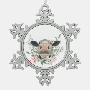 cow nose kiss flowers watercolor grey farm animal snowflake pewter christmas ornament