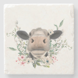 cow nose kiss flowers watercolor grey farm animal stone coaster