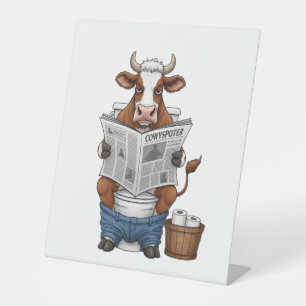Cow on Toilet , Funny Farm Animal Pedestal Sign