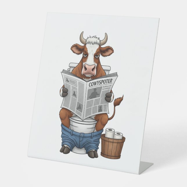 Cow on Toilet , Funny Farm Animal Pedestal Sign (Front)