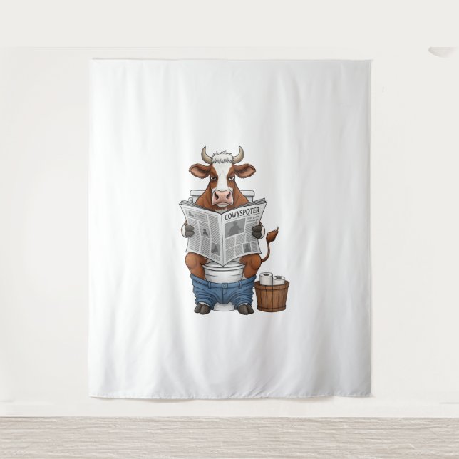 Cow on Toilet , Funny Farm Animal Tapestry (Front)