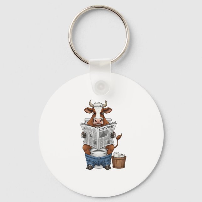 Cow on Toilet PNG, Funny Farm Animal Key Ring (Front)