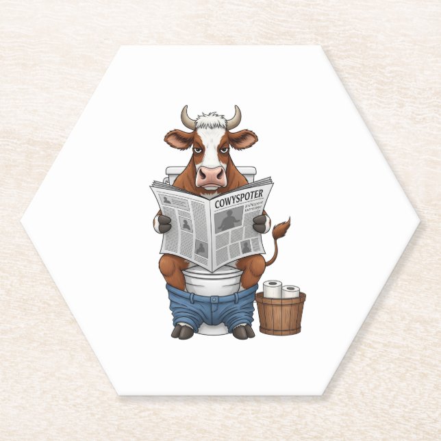 Cow on Toilet PNG, Funny Farm Animal Paper Coaster (Front)