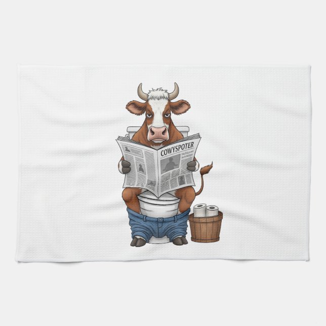 Cow on Toilet PNG, Funny Farm Animal Tea Towel (Horizontal)