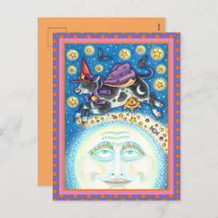 COW OVER THE MAN IN THE MOON, COLORFUL WHIMSY HOLIDAY POSTCARD