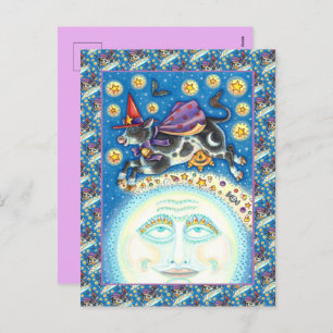 COW OVER THE MAN IN THE MOON, COLORFUL WHIMSY HOLIDAY POSTCARD