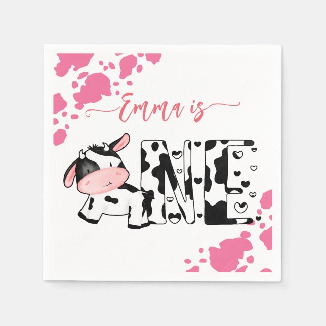 Cow party tableware pink cow pattern personalised napkin (Front)