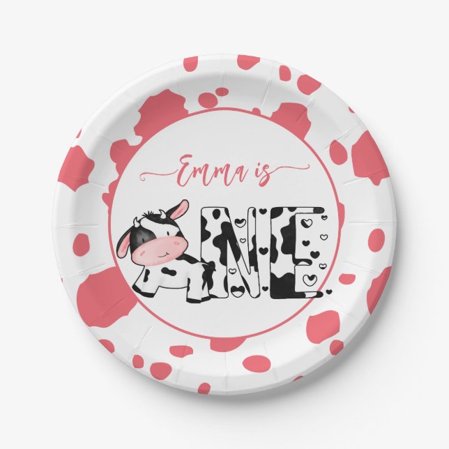 Cow party tableware pink cow pattern personalised paper plate (Front)