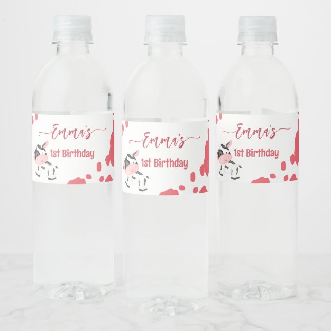 Cow party tableware pink cow pattern personalised water bottle label (Bottles)