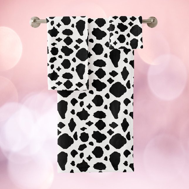 Cow Pattern Animal Print Black White Farmhouse Bath Towel Set (A bath towel set with a black and white cow pattern.)