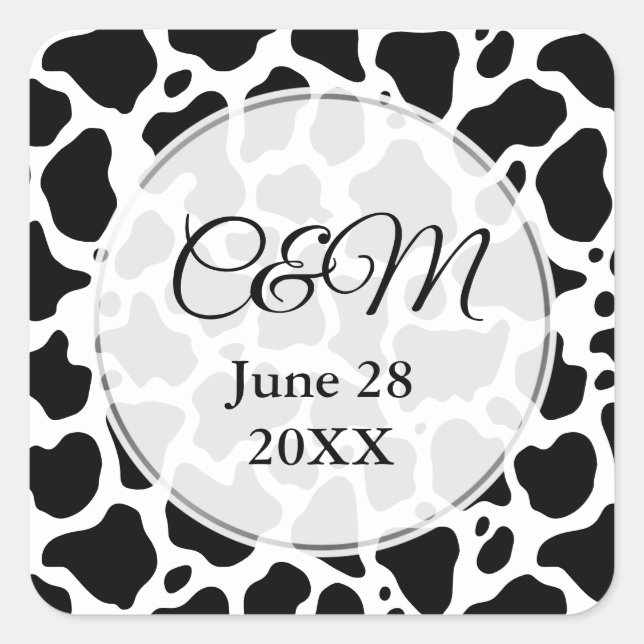 Cow Pattern Background Monogram Square Sticker (Front)