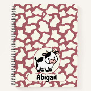 Cow Pattern in White on Red with Cow and Name Notebook