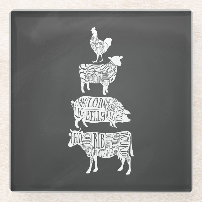 cow pig chicken butcher meat cuts art small holder glass coaster (Front)