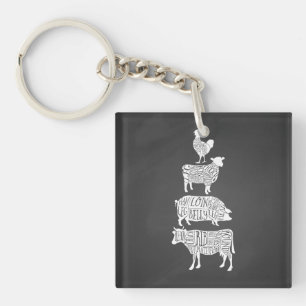 cow pig chicken butcher meat cuts art small holder key ring