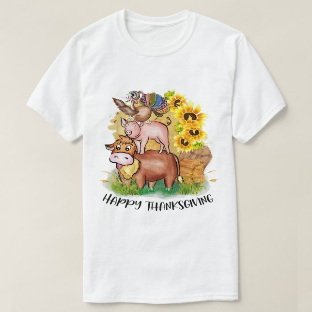 Cow Pig Turkey Happy Thanksgiving for Boys Girls K T-Shirt (Design Front)
