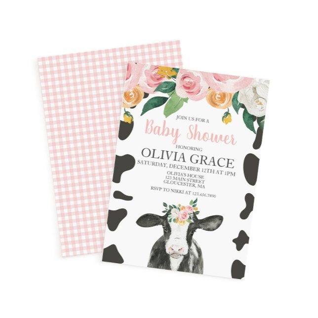 Cow Pink Floral and Gingham Baby Shower Invitation (Creator Uploaded)