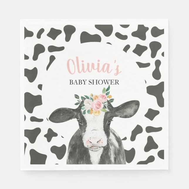 Cow Pink Floral and Gingham Baby Shower Napkin (Front)
