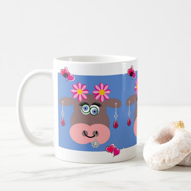 Cow Pink Hearts Jewellery Mug (With Donut)