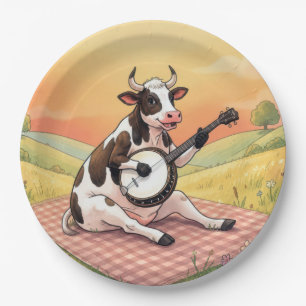Cow Playing a Banjo on a Blanket Paper Plate