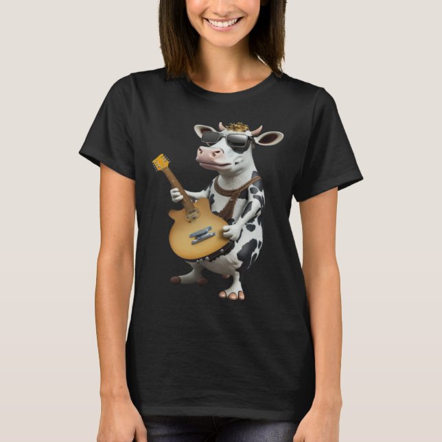 Cow Playing Electric Guitar  Animal Cow  Guitar T-Shirt (Front)