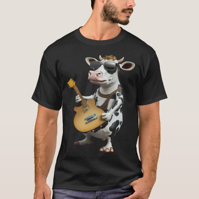 Cow Playing Electric Guitar  Animal Cow  Guitar T-Shirt (Front)