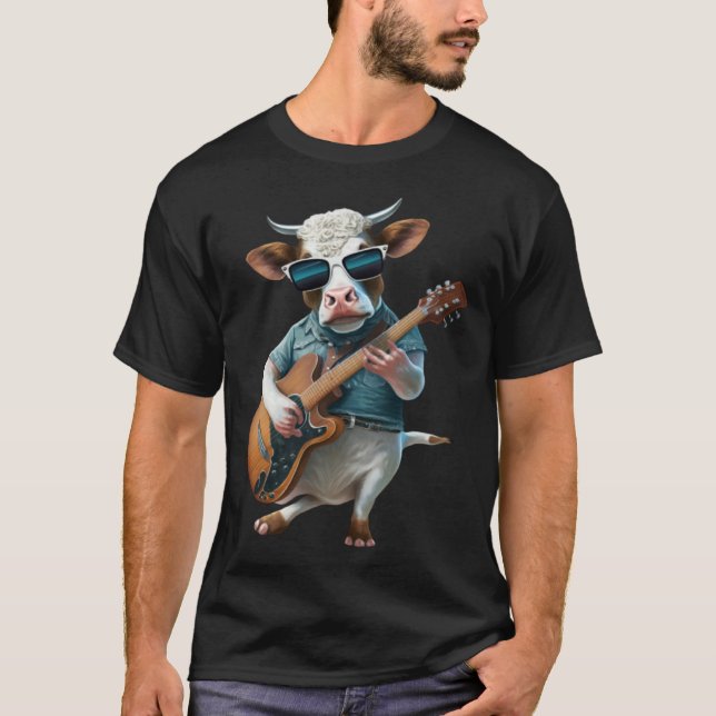 Cow Playing Electric Guitar  Animal Cow  Guitar T-Shirt (Front)