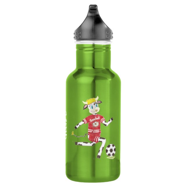 Cow playing soccer apple green water bottle (Right)