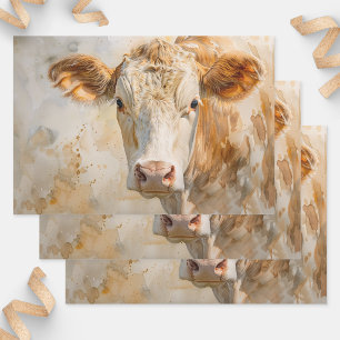 Cow Portrait Watercolor Painting Decoupage Wrapping Paper Sheet