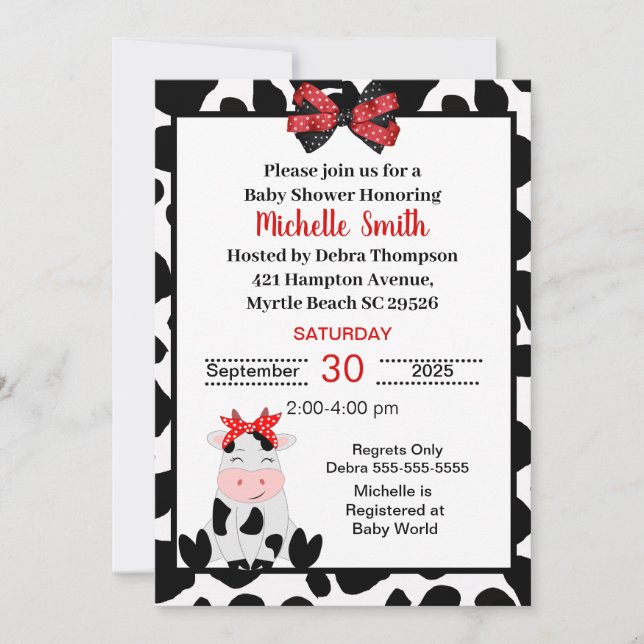 Cow Print and Cute Cow Baby Shower Invitation (Front)