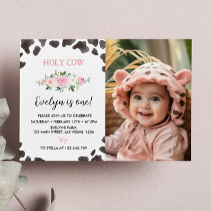 Cow Print Birthday Floral Photo Invitation