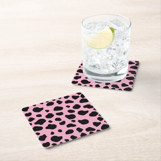 Cow Print, Cow Pattern, Cow Spots, Pink Cow Square Paper Coaster (Insitu)