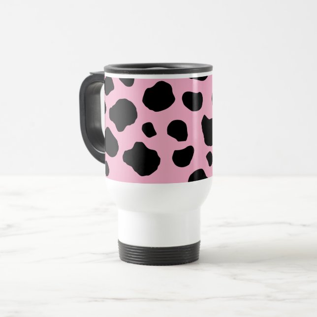 Cow Print, Cow Pattern, Cow Spots, Pink Cow Travel Mug (Front Left)