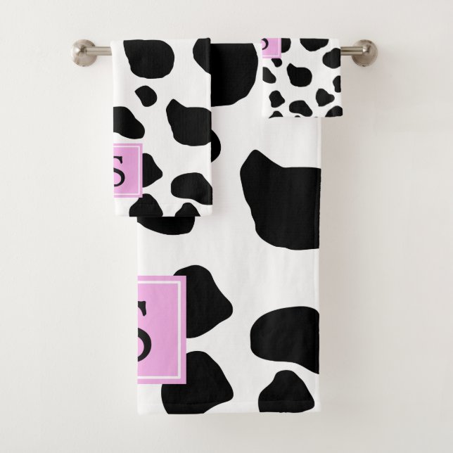 Cow Print, Cow Spots, Black And White, Monogram Bath Towel Set (Insitu)