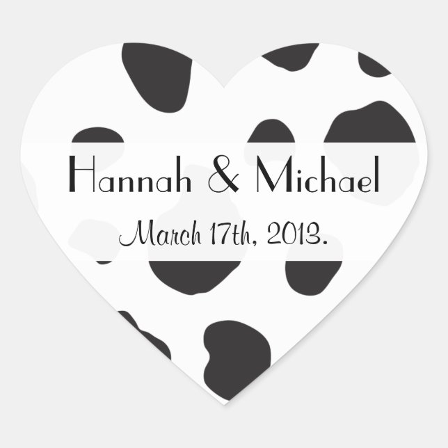Cow Print, Cow Spots, Black And White, Wedding Heart Sticker (Front)