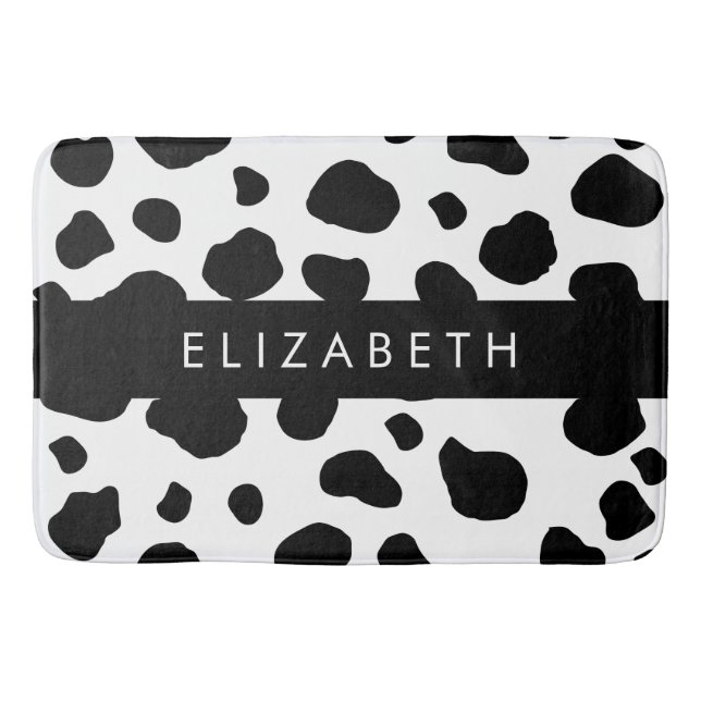 Cow Print, Cow Spots, Black And White, Your Name Bath Mat (Front)