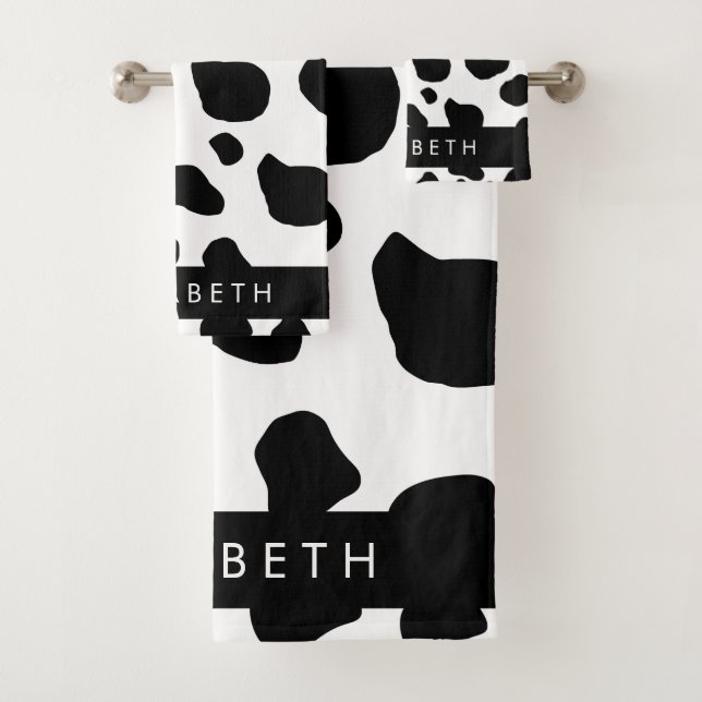 Cow Print, Cow Spots, Black And White, Your Name Bath Towel Set (Insitu)