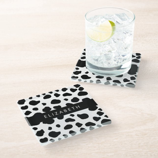 Cow Print, Cow Spots, Black And White, Your Name Glass Coaster (Angled)