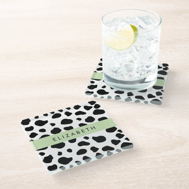 Cow Print, Cow Spots, Black And White, Your Name Glass Coaster (Angled)
